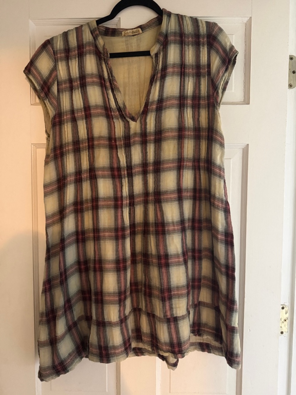 Free People Cream Plaid Mini Dress with Red and Gray Stripes